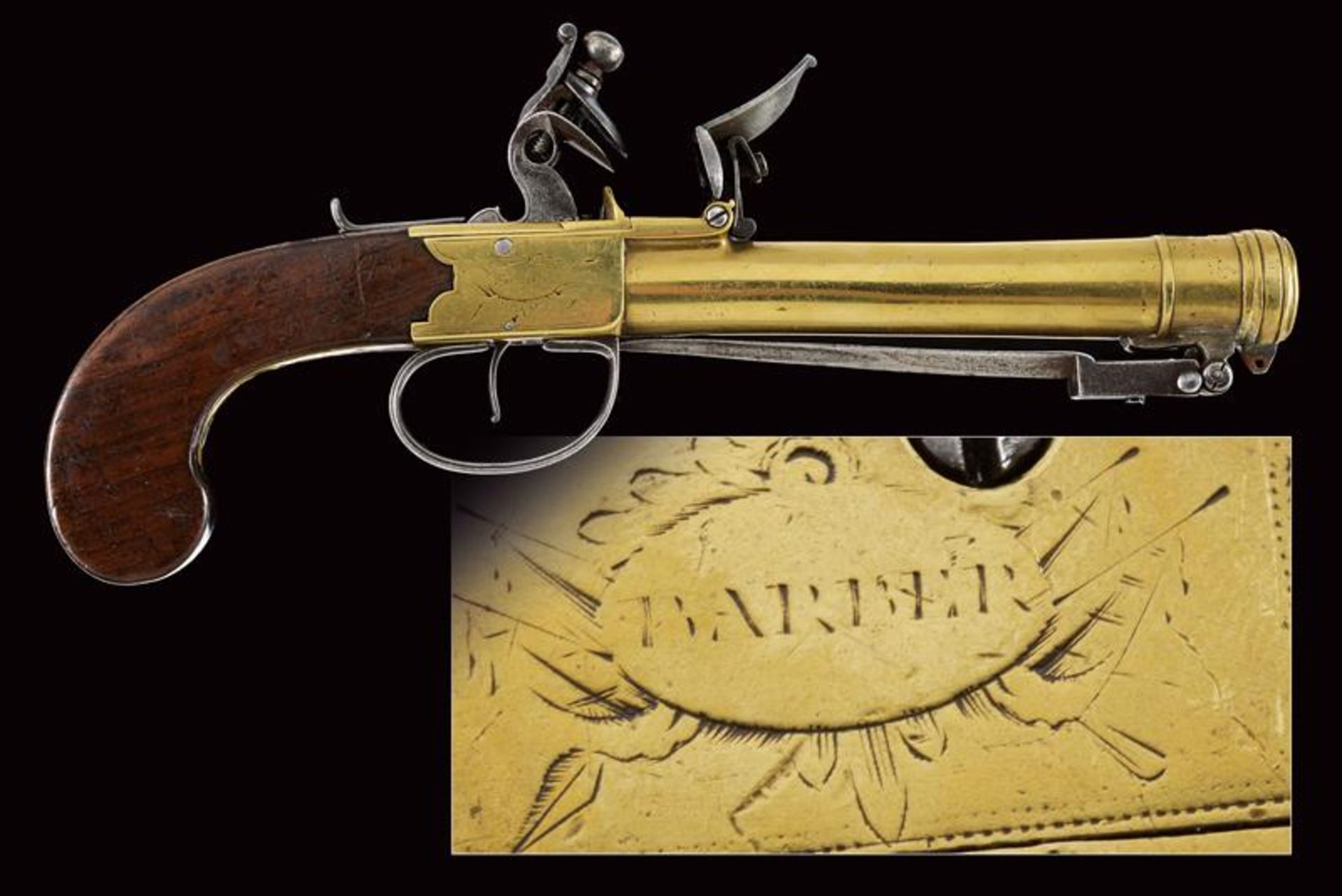 A navy flintlock blunderbuss pistol with spring bayonet by Barber