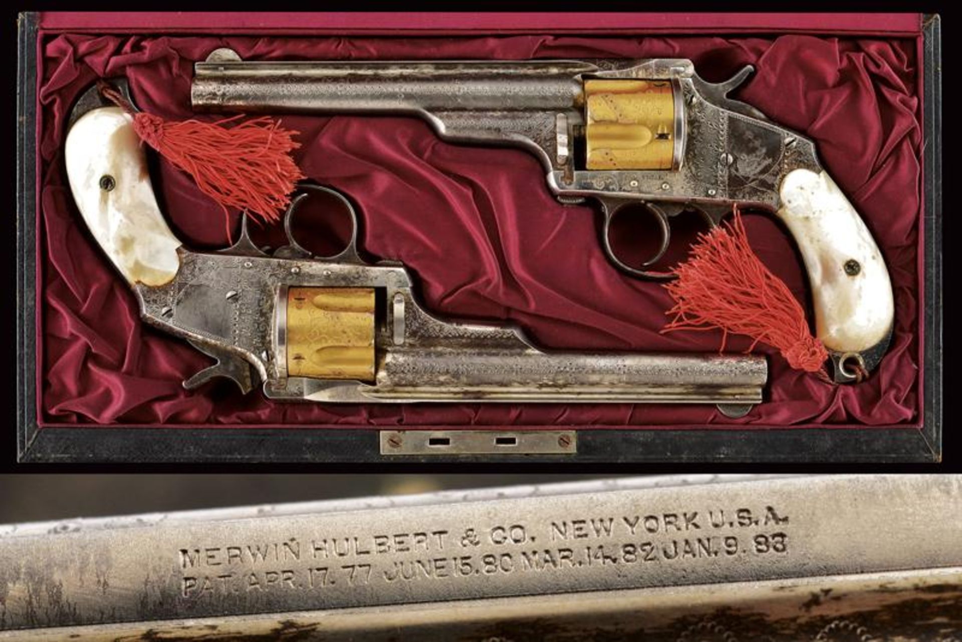 An interesting pair of engraved Merwin Hulbert & Co. D.A. Pocket Model Revolvers with case