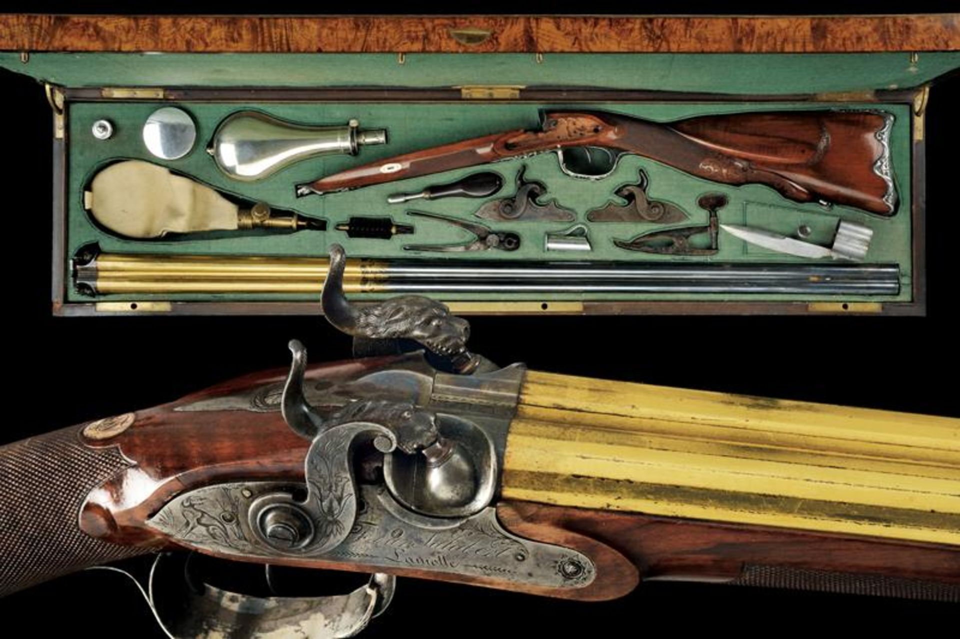 A beautiful cased silver mounted double-barrelled gun by Lamotte-Jalabert