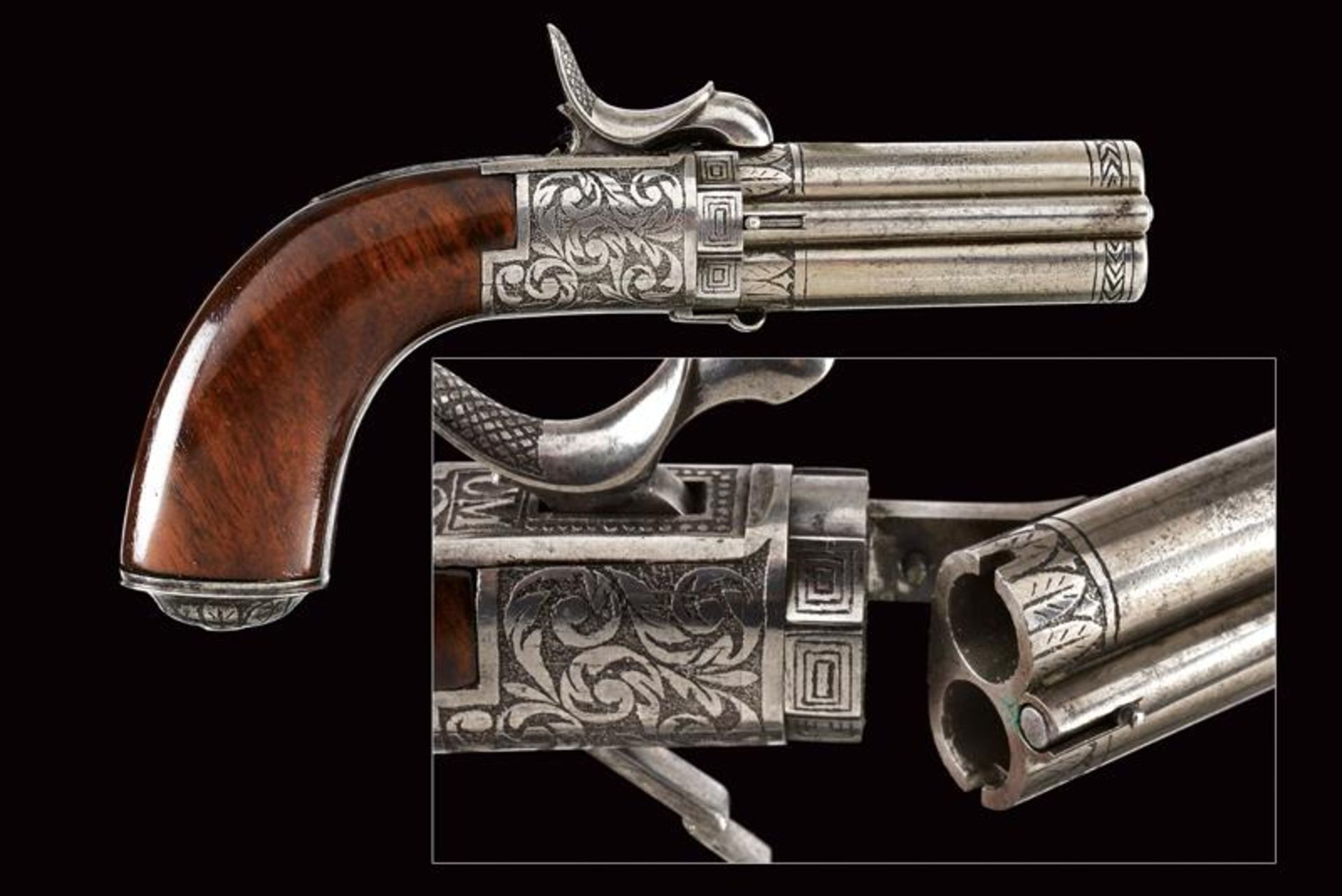 A very rare over-and-under-barreled pin-fire system pistol