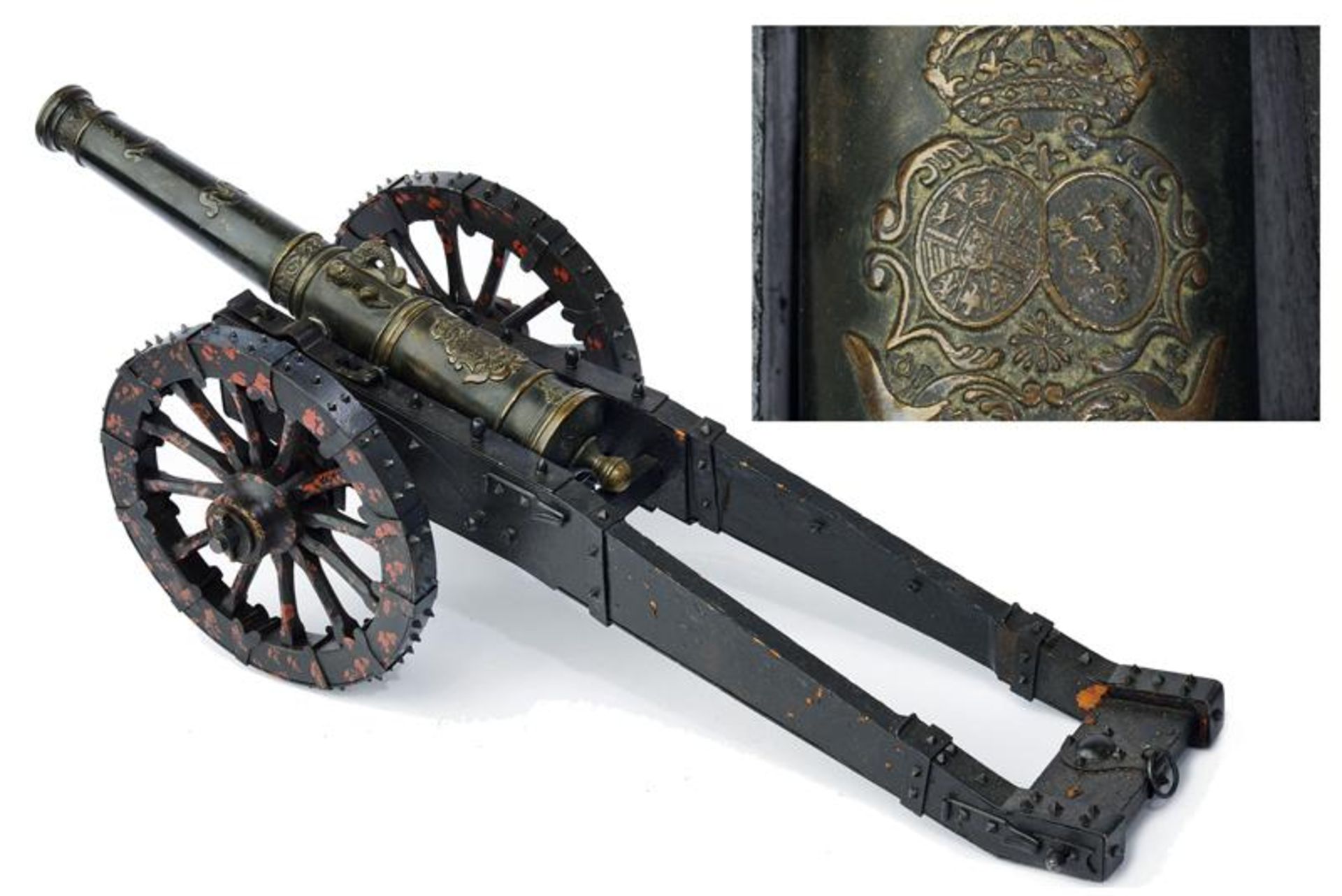 A bronze cannon model with the coat of arms of Elisabetta Farnese, Queen of Spain