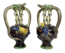 Pair of 19th century Portuguese Palissy style Majolica puzzle jugs