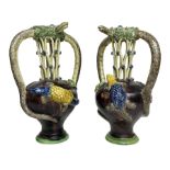 Pair of 19th century Portuguese Palissy style Majolica puzzle jugs