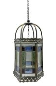 Victorian brass and stained leaded glass hall lantern