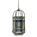 Victorian brass and stained leaded glass hall lantern