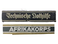 Two WW2 German cuff titles - Afrikakorps 1st Pattern and Technische Nothilfe (Technical Emergency He