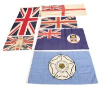 Six flags - White Ensign 180 x 86cm; two Union flags 180 x 86cm and 132 x 62cm; Falklands Islands 15