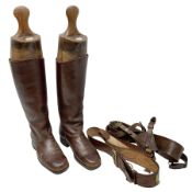 Pair of WW1 style Army Officer's brown leather full leg riding boots with Alkit four-piece wooden bo