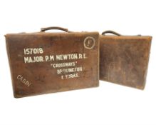 Early 20th century leather suitcase marked to the top 'Major P.M. Newton R.E. Crossways