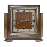 WW2 Home Guard - presentation Enfield oak and walnut cased eight-day chiming mantel clock; bears hal