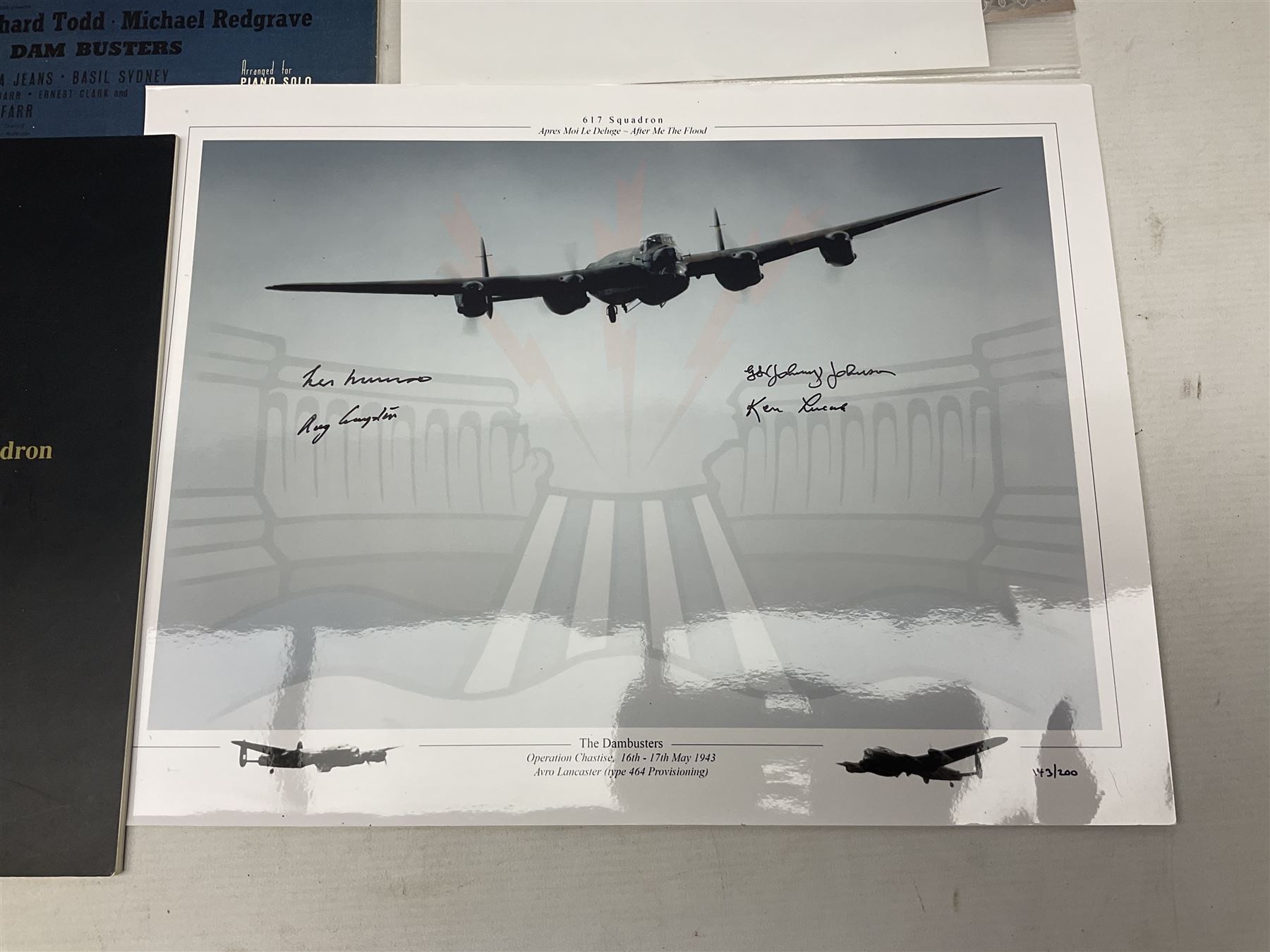 Dambusters 617 Squadron memorabilia - three signed photographs of Lancaster aircraft in flight - Image 8 of 14