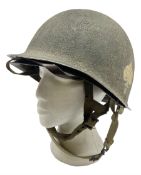 American first type paratrooper helmet with post-WW2 strap and D-rings and later 1944 liner bearing