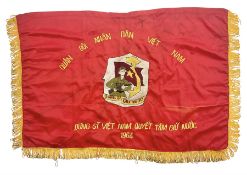 1960s North Vietnam banner embroidered in yellow thread on a red ground