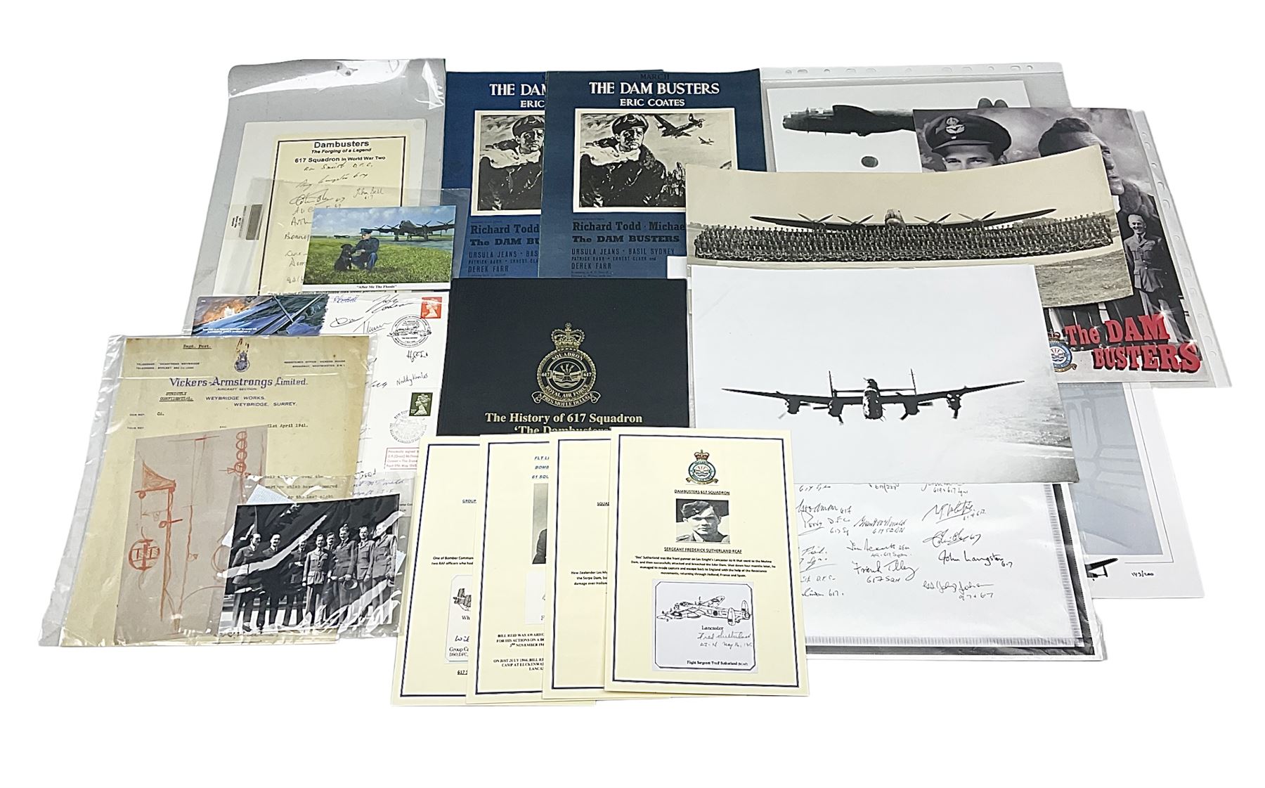 Dambusters 617 Squadron memorabilia - three signed photographs of Lancaster aircraft in flight