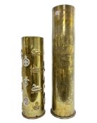 WW1 German brass shell case inscribed PATRONENFABRIK KARLSRUHE 1917 decorated with a large Chinese s