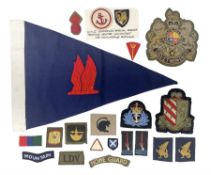 Royal Arms cloth arm adge as worn by Regimental Serjeant-Majors in Foot Guards; naval cap badge; WW2