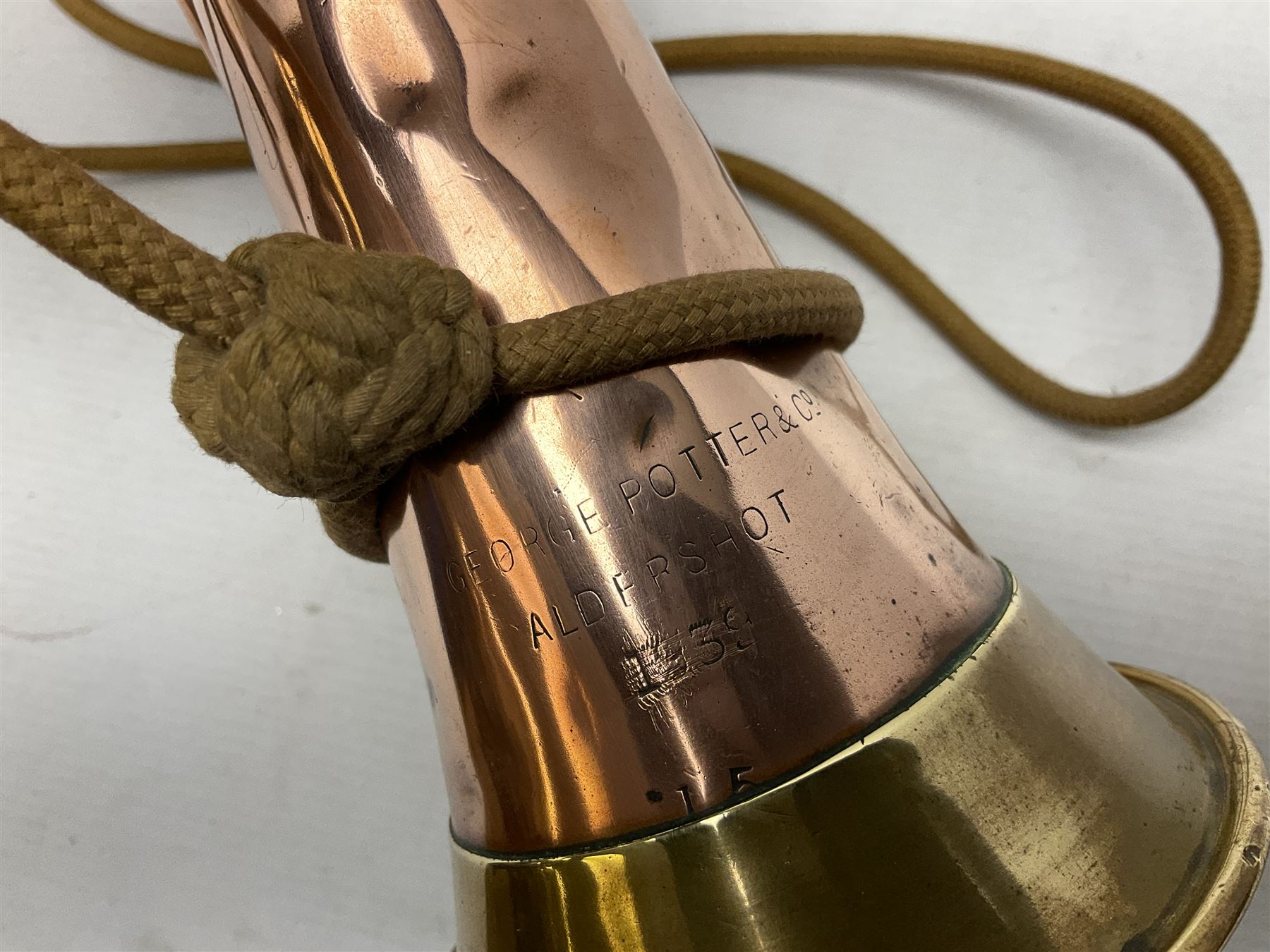 WW2 copper and brass bugle inscribed George Potter & Co - Image 2 of 16