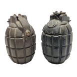 Two inert WW2 Mills Bomb (pineapple) hand grenades; one adapted as a money box with coin slit to the