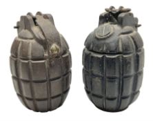 Two inert WW2 Mills Bomb (pineapple) hand grenades; one adapted as a money box with coin slit to the
