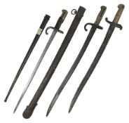 French Model 1874 Epee bayonet marked Oulle 1876 in associated scabbard; Model 1866 sabre bayonet in