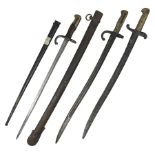French Model 1874 Epee bayonet marked Oulle 1876 in associated scabbard; Model 1866 sabre bayonet in