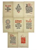 Collection of eight pre-WW2 German Propaganda poster style cards each printed in black and red with