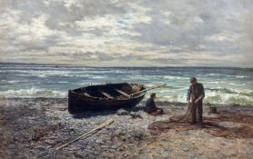 Joseph Henderson RSW (Scottish 1832-1908): 'Cleaning the Nets' with a Rowing Boat on the Shore