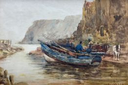 James William Booth (Staithes Group 1867-1953): Cobles at Staithes with Horse and Cart on the Becksi
