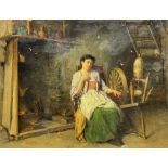 English School (19th century): Girl at a Spinning Wheel