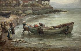 Lionel Townsend Crawshaw (Staithes Group 1864-1949): 'Pulling up the Cobles Runswick Yorkshire'