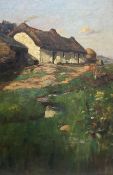 Attrib. Tom Scott (Scottish 1859-1927): Thatched Cottages by a Stream