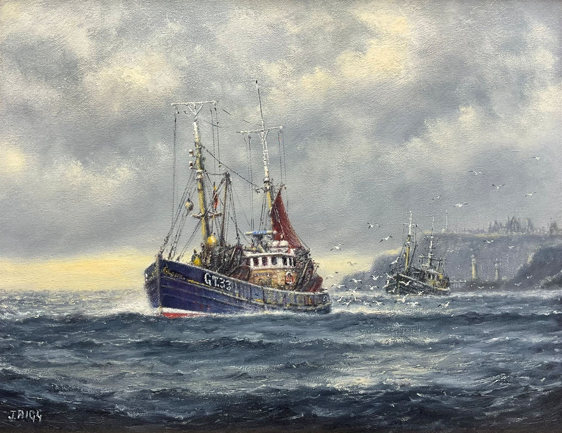 Jack Rigg (British 1927-): Grimsby Trawlers 'Off Whitby'