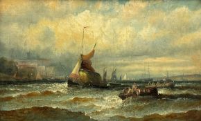 William Anslow Thornley (British fl.1858-1898): Busy Estuary with Hay Barge and fishing boats