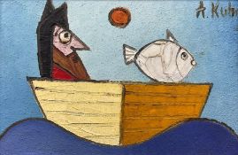 Andrzej Kuhn (Polish 1929-2014): Man in a Boat with a Fish