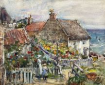 Rowland Henry Hill (Staithes Group 1873-1952): Lady Palmer's Cottage Runswick Bay with Children in t