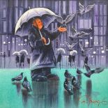 Peter J Rodgers (Northern British Contemporary): Feeding Pigeons in the Rain