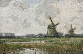 Kershaw Schofield (British 1872-1941): Dutch Landscape with Windmills beyond a Reedy Pond