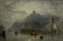 George Weatherill (British 1810-1890): Shipping in Whitby Harbour by Moonlight looking over Tate Hil