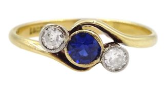 Art Deco 18ct gold three stone milgrain set diamond and synthetic sapphire ring