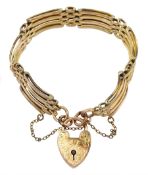 Early 20th century 9ct gold four bar gate bracelet with heart padlock clasp