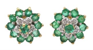 Pair of 9ct gold emerald and diamond flower cluster stud earrings