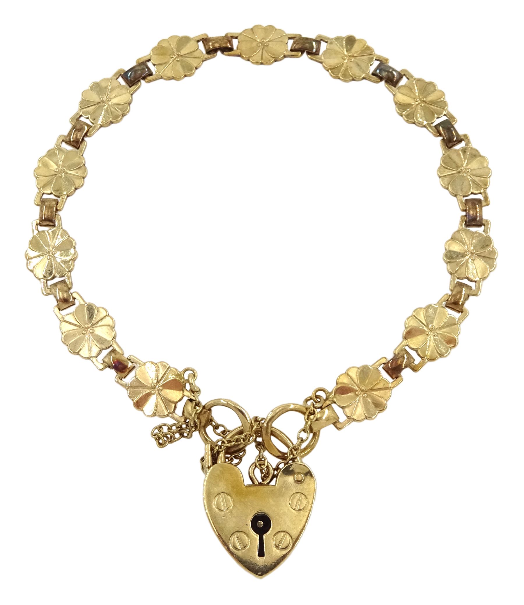 9ct gold flower link bracelet with heart padlock clasp