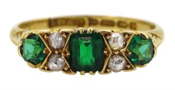 Edwardian 18ct gold three stone emerald and four stone rose cut diamond ring