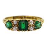 Edwardian 18ct gold three stone emerald and four stone rose cut diamond ring