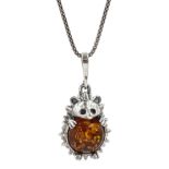 Silver Baltic amber hedgehog pendant necklace