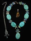 Silver jewellery including turquoise and pearl bead necklace