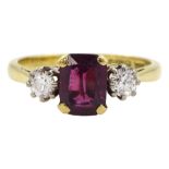 18ct gold three stone garnet and diamond ring