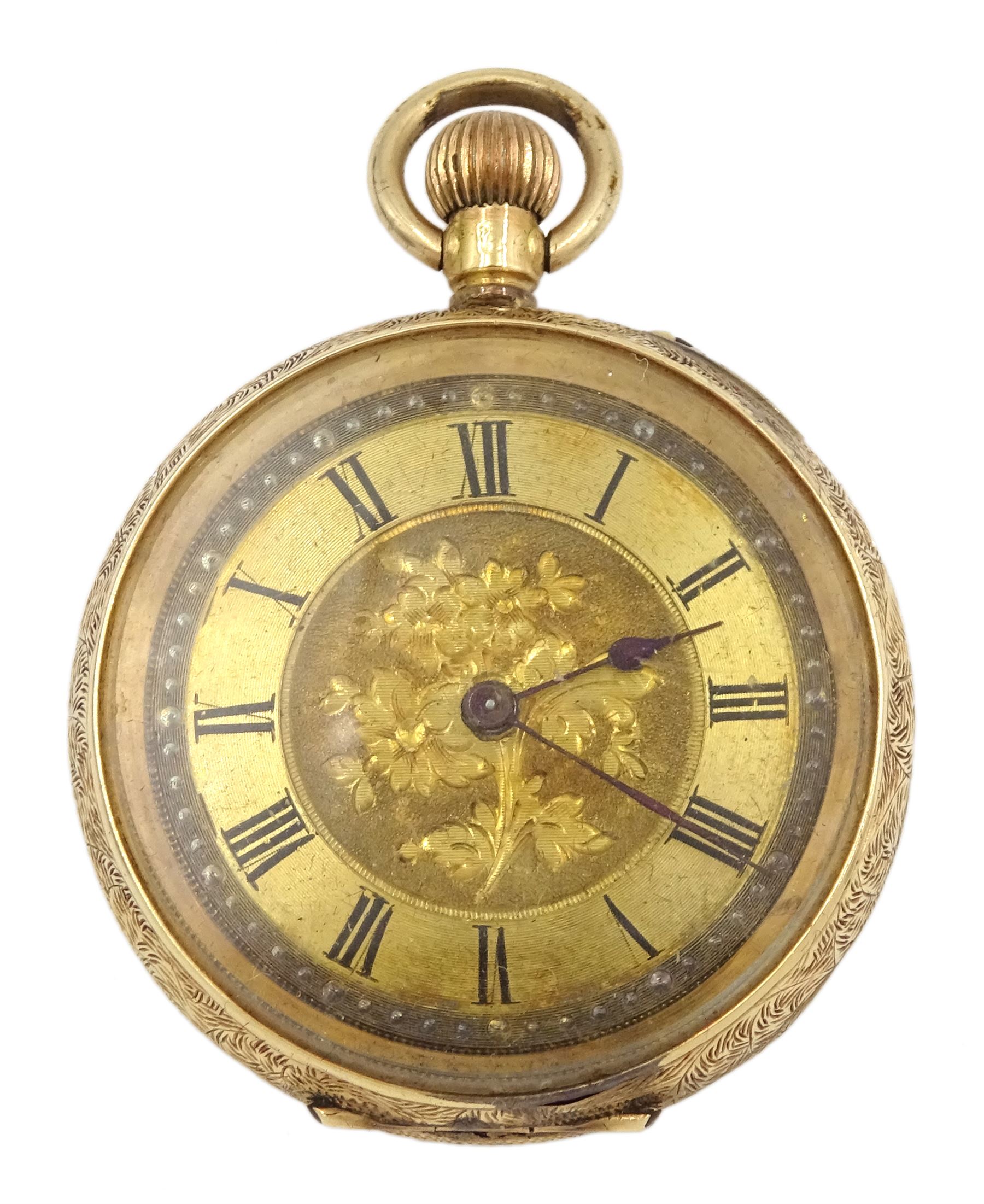 Early 20th century 14ct gold open face ladies keyless cylinder fob watch stamped 14K