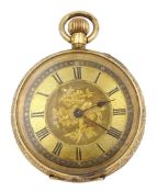 Early 20th century 14ct gold open face ladies keyless cylinder fob watch stamped 14K