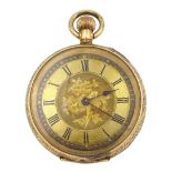 Early 20th century 14ct gold open face ladies keyless cylinder fob watch stamped 14K